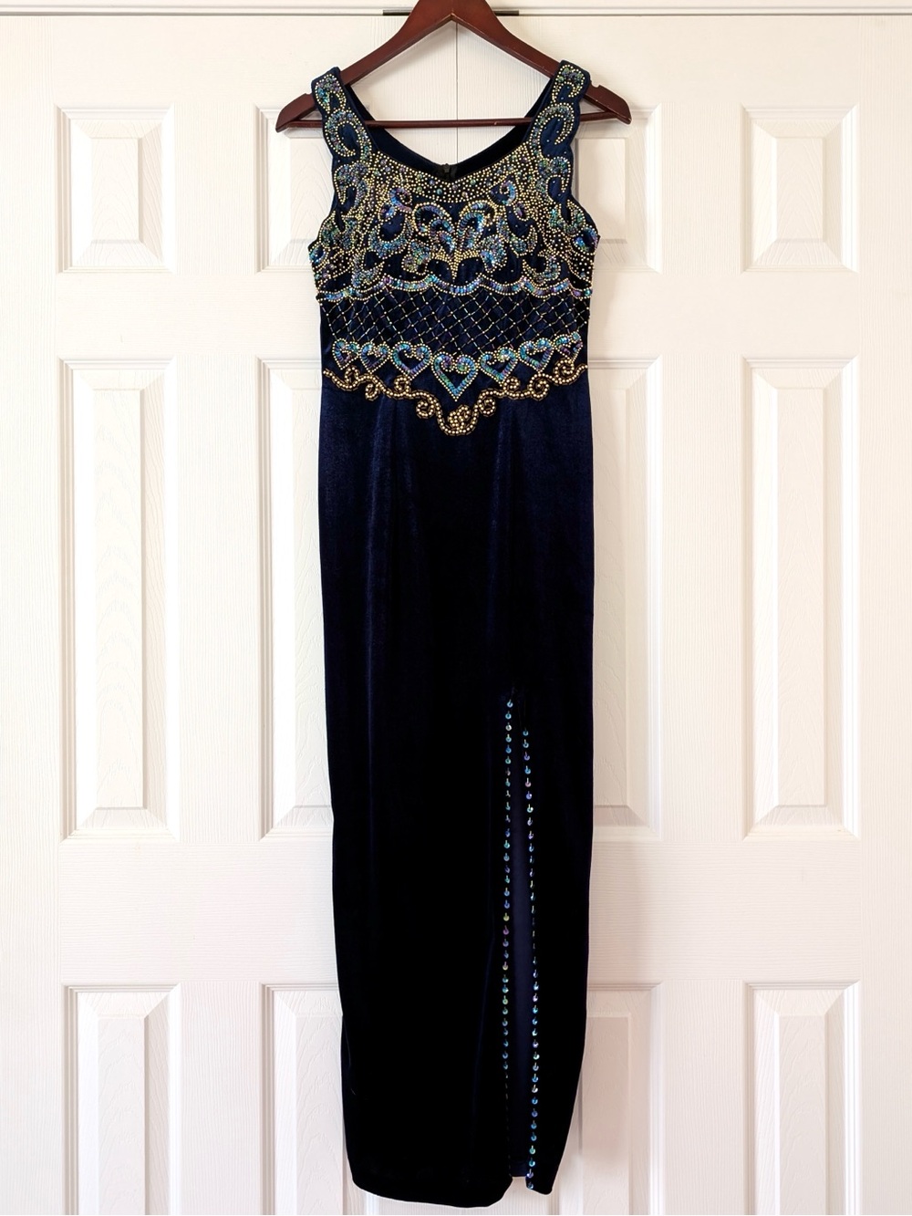 Vintage Beaded Velour Velvet Slit Dress